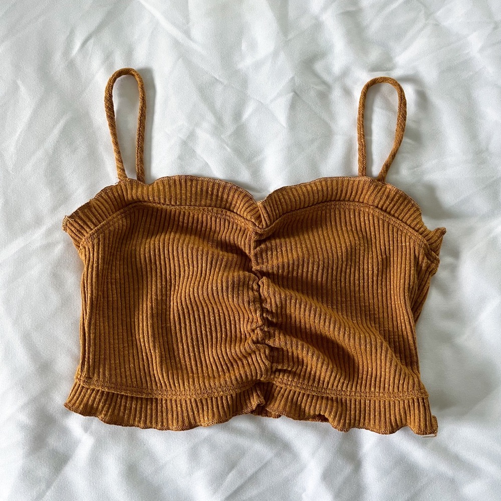 Forever 21 Yellow Ruffle Trim Rib Knit Crop Top Size Small